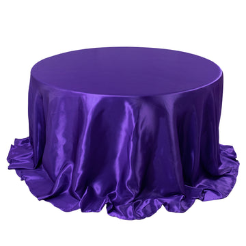 132" Purple Seamless Satin Round Tablecloth for 6 Foot Table With Floor-Length Drop