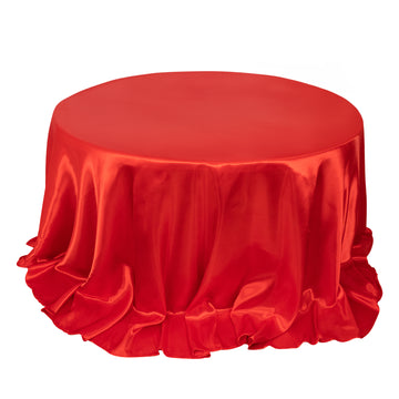 132" Red Seamless Satin Round Tablecloth for 6 Foot Table With Floor-Length Drop