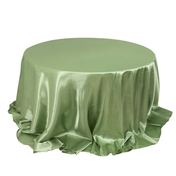 132" Sage Green Seamless Satin Round Tablecloth for 6 Foot Table With Floor-Length Drop