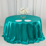 132inch Turquoise Seamless Satin Round Tablecloth for 6 Foot Table With Floor-Length Drop