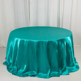 132inch Turquoise Seamless Satin Round Tablecloth for 6 Foot Table With Floor-Length Drop