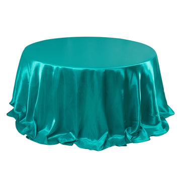 132" Turquoise Seamless Satin Round Tablecloth for 6 Foot Table With Floor-Length Drop