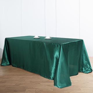 Elevate Your Event with the 90"x132" Hunter Emerald Green Satin Seamless Rectangular Tablecloth