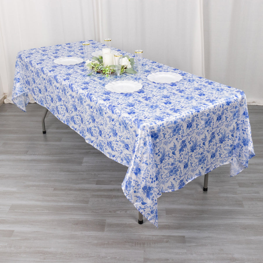 60x102inch White Blue Chinoiserie Floral Print Seamless Satin Rectangular Tablecloth