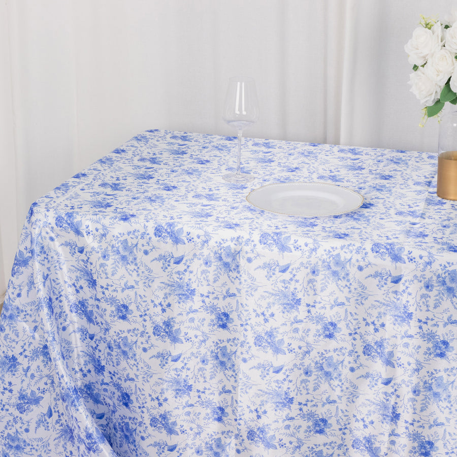 90x132inch White Blue Chinoiserie Floral Print Seamless Satin Rectangular Tablecloth Wrinkle