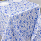 90x156inch White Blue Chinoiserie Floral Print Seamless Satin Rectangular Tablecloth, Wrinkle