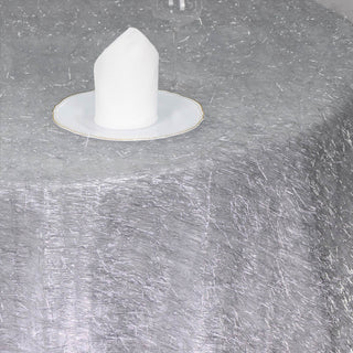 Add a Touch of Elegance with the Metallic Silver Premium Tinsel Shag Round Tablecloth