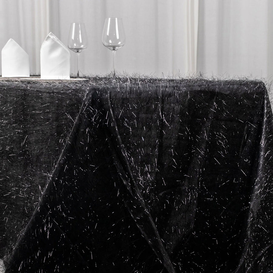 90x156inch Black Metallic Premium Tinsel Shag Rectangular Tablecloth, Shimmery Metallic