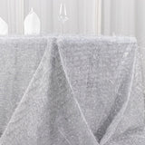 Elevate Your Event with the Metallic Silver Premium Tinsel Shag Rectangular Tablecloth