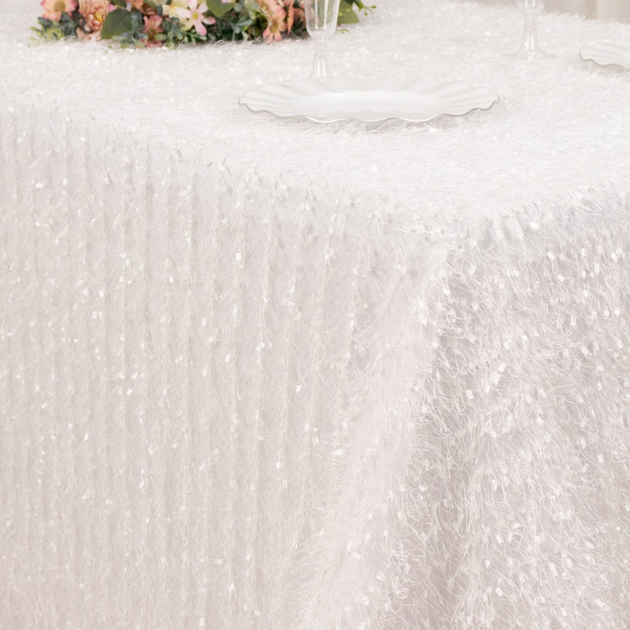 90inch x 156inch White Fringe Shag Polyester Rectangular Tablecloth