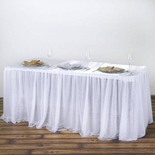 Elevate Your Event with the 8ft Rectangular White 3 Layer Skirted Tablecloth