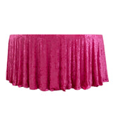 120inch Fuchsia Premium Crushed Velvet Round Tablecloth for 5 Foot Table With Floor-Length Drop