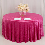 120inch Fuchsia Premium Crushed Velvet Round Tablecloth for 5 Foot Table With Floor-Length Drop