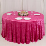 120inch Fuchsia Premium Crushed Velvet Round Tablecloth for 5 Foot Table With Floor-Length Drop