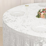 White Seamless Premium Crushed Velvet Round Tablecloth 120 in for 5 Foot Table Floor-Length Drop
