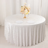 White Seamless Premium Crushed Velvet Round Tablecloth 120 in for 5 Foot Table Floor-Length Drop