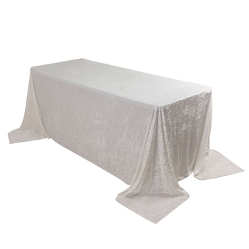 90"x132" White Seamless Premium Crushed Velvet Rectangular Tablecloth for 6 Foot Table With Floor-Length Drop