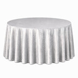 Round silver satin tablecloth with floor-length drape on banquet table