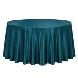Teal round tablecloth with elegant draped satin design