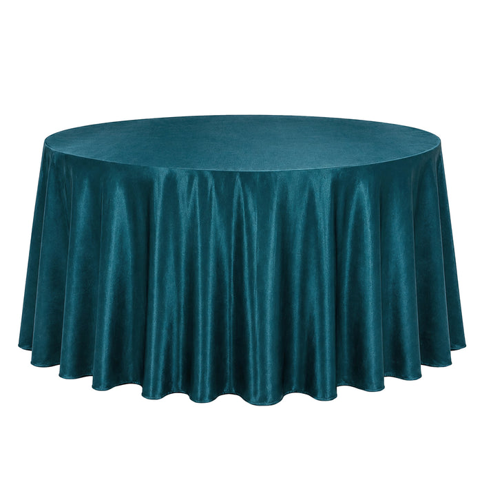 Teal round tablecloth with elegant draped satin design