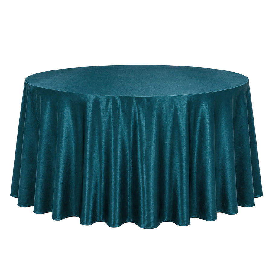 Teal round tablecloth with elegant draped satin design