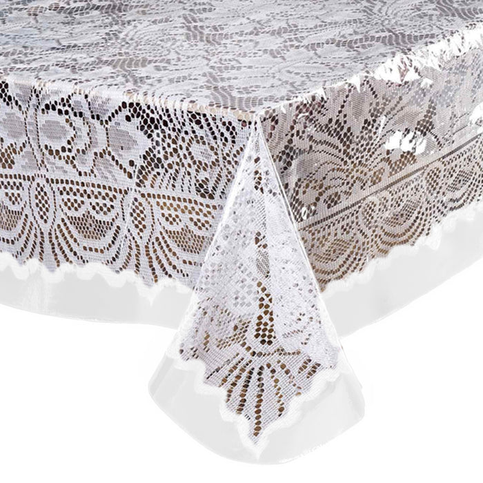 White lace tablecloth with intricate floral patterns and scalloped edges. #whtbkgd