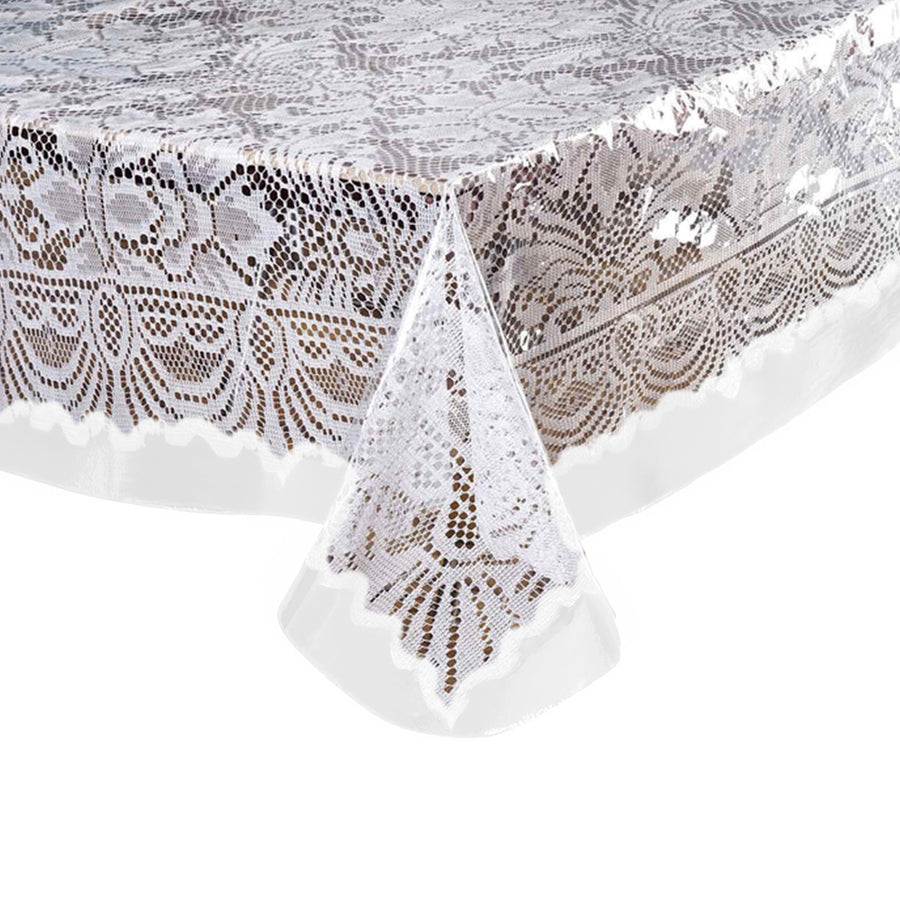 White lace tablecloth with intricate floral patterns and scalloped edges #whtbkgd
