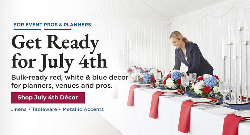Celebrate July 4th in style with bulk-ready red, white, and blue décor designed for event pros an...