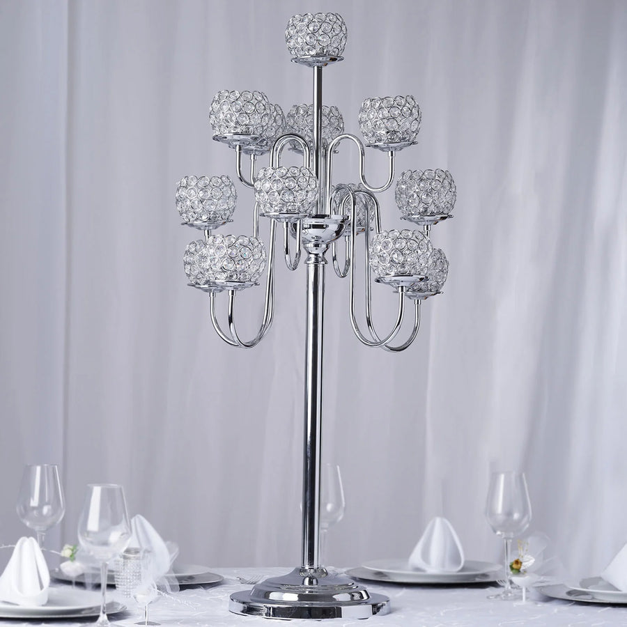 40inch 13 Arm Silver Metal Crystal Beaded Candelabra Candle Holders, Goblet Votive Candle Holders
