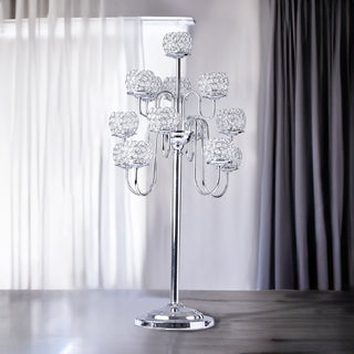 Elegant Silver Metal Crystal Beaded Candelabra Candle Holders