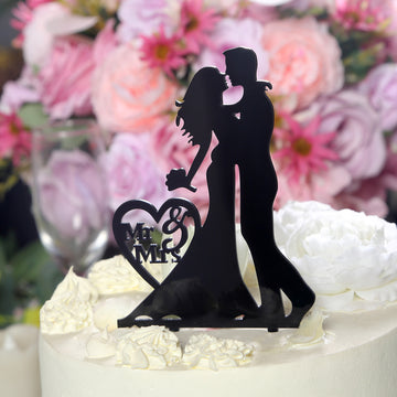 7" Tall Black Acrylic Silhouette Mr and Mrs Wedding Cake Topper, Bride and Groom Cake Decoration