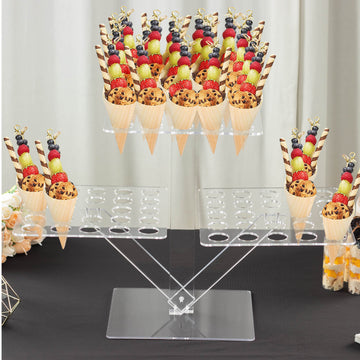 18" Tall Clear 3-Tier Acrylic 72-Slot Ice Cream Cone Shot Glass Tray, Foldable Plastic Mini Cupcake Display Stand