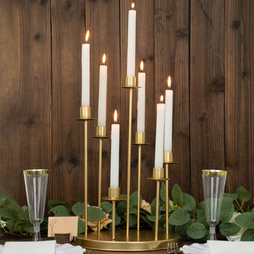 15" Tall Gold 7-Arm Metal Cluster Round Taper Candelabra, Wedding Centerpiece Tabletop Candle Holder