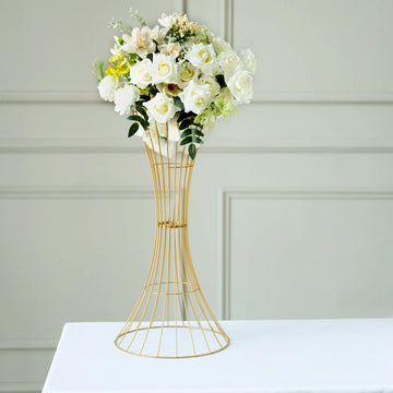 24" Tall Gold Metal Wire Hourglass Flower Frame Stand, Open Frame Reversible Trumpet Centerpiece Stand