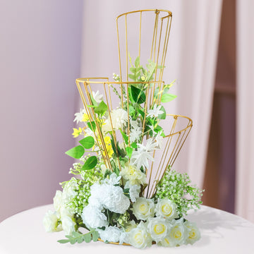 28" Tall Gold Metal Wired Spiral Shaped Flower Frame Stand, Floral Display Wedding Centerpiece