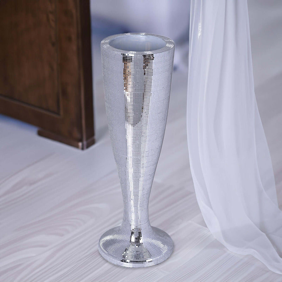 32" Tall Silver Polystone Mirror Mosaic Pedestal Trumpet Floor Vase