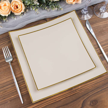 10 Pack 8" Taupe Gold Concave Modern Square Plastic Dessert Plates, Disposable Salad Appetizer Party Plates