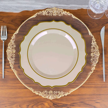 10 Pack 10" Taupe Gold Plastic Dinner Plates, Disposable Tableware Round With Gold Scalloped Rim