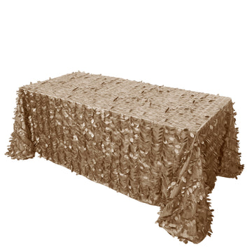 90"x132" Taupe 3D Leaf Petal Taffeta Fabric Seamless Rectangle Tablecloth for 6 Foot Table With Floor-Length Drop