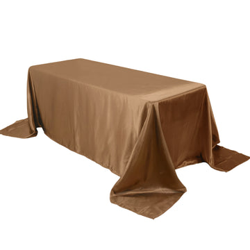 90"x132" Taupe Satin Seamless Rectangular Tablecloth for 6 Foot Table With Floor-Length Drop