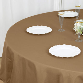 Enhance Your Event Decor with the 90" Taupe Seamless Polyester Round Tablecloth
