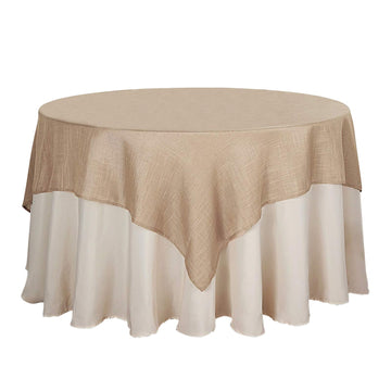 72"x72" Taupe Slubby Textured Linen Square Table Overlay, Wrinkle Resistant Polyester Tablecloth Topper