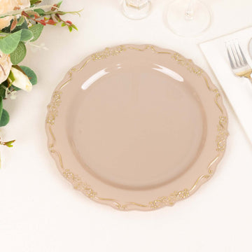 10 Pack 10" Taupe With Gold Vintage Rim Disposable Dinner Plates With Embossed Scalloped Edges, Plastic Party Plates