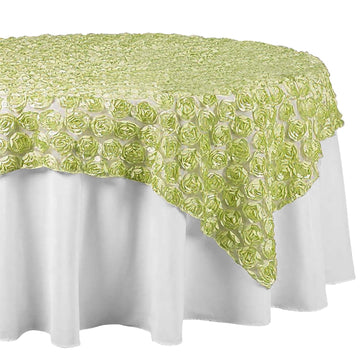 72"x72" Tea Green Satin 3D Rosette Lace Square Table Overlay