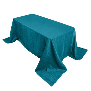 90"x132" Teal Accordion Crinkle Taffeta Seamless Rectangular Tablecloth for 6 Foot Table With Floor-Length Drop