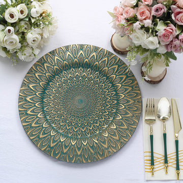 6 Pack | 13" Teal / Gold Embossed Peacock Design Disposable Charger Plates, Round Plastic Serving Plates
