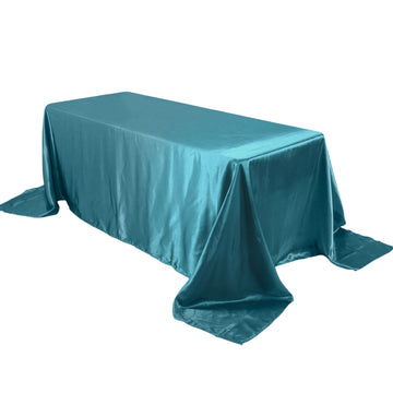 90"x132" Teal Satin Seamless Rectangular Tablecloth for 6 Foot Table With Floor-Length Drop