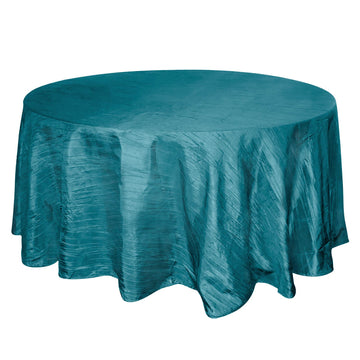 120" Teal Seamless Accordion Crinkle Taffeta Round Tablecloth for 5 Foot Table With Floor-Length Drop