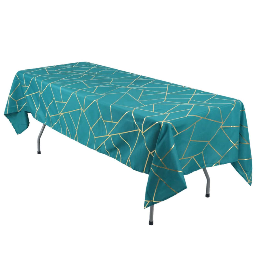 60x102inch Teal Rectangle Polyester Tablecloth With Gold Foil Geometric Pattern