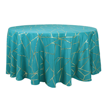 120" Teal Seamless Round Polyester Tablecloth With Gold Foil Geometric Pattern